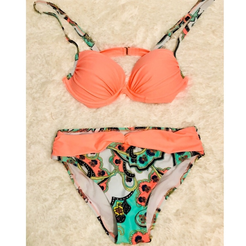 Sexy Pink Padded Gather Push-up Bikini Set